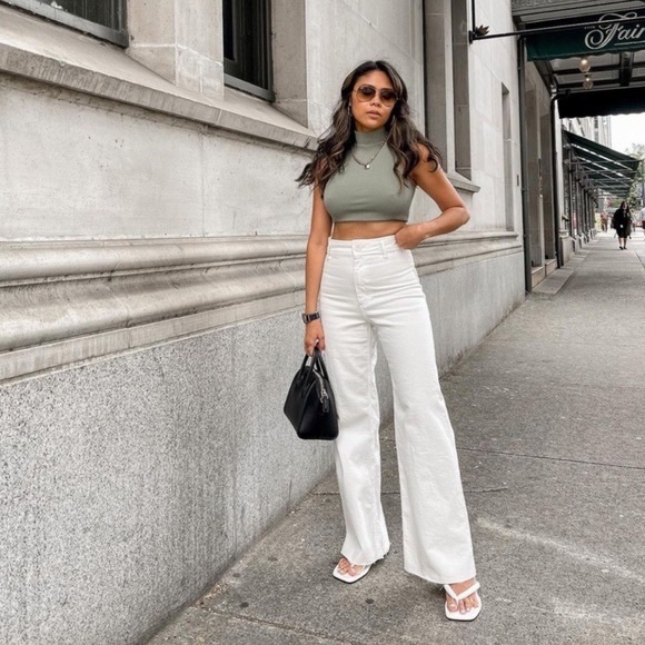 Zara Denim - Zara Wide Leg High Waisted Cotton White Raw Hem Denim Jeans